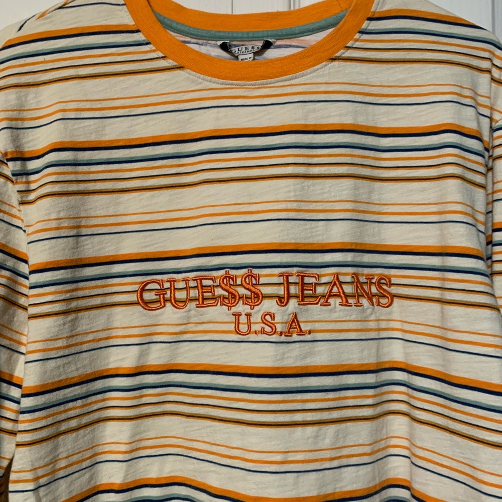 GUESS Jeans x ASAP Rocky Striped T Shirt Long Sleeve Orange White